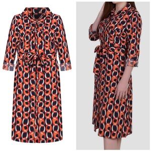 NY Collection | Circle Chain Geometric Belted Long & Roll-up Sleeve Shirt Dress